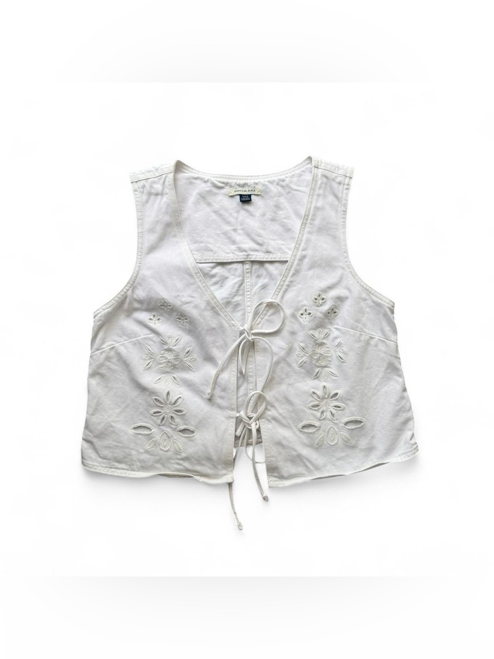 American Eagle Women White Tie-Front Embroidered Eyelet Cotton Denim Vest Top M